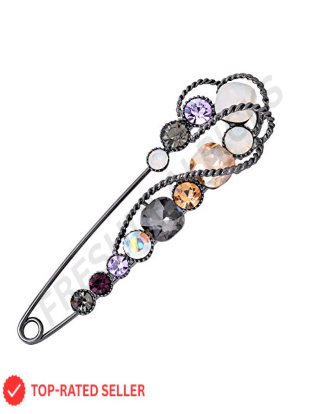 Gold Plated Rhinestone Crystal Flower Large Safety Pin Brooch